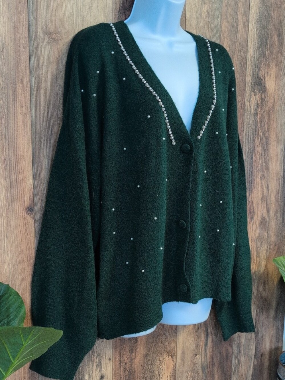 99 Jane Street V-Neck Dark Green Pearl & Rhinestone Trim Button Cardigan XL W381